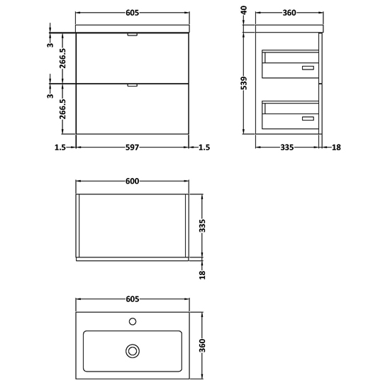 Fuji 60cm 2 Drawers Wall Vanity With Basin 1 In Gloss Grey_3