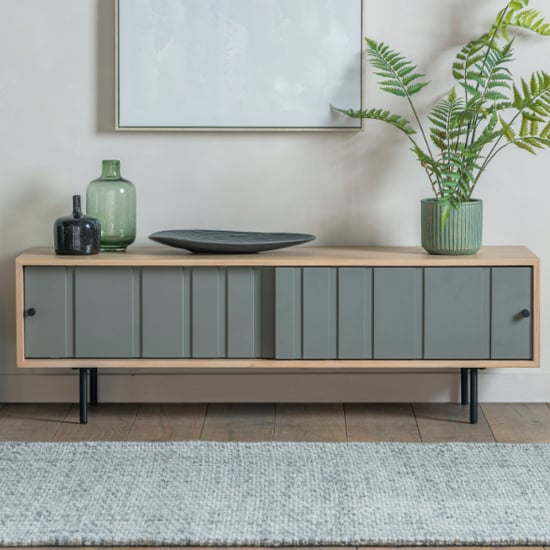 Product photograph of Fujiya Wooden Tv Stand With 2 Doors In Natural Oak And Grey from Furniture in Fashion