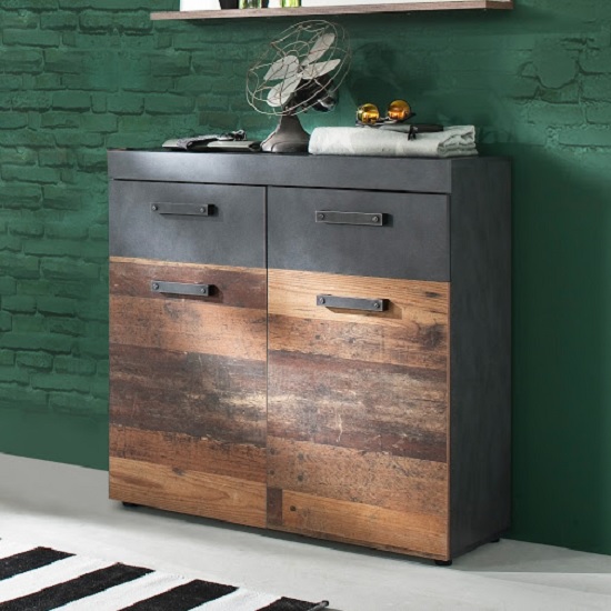 Read more about Saige wooden shoe storage cabinet in old wood and graphite grey