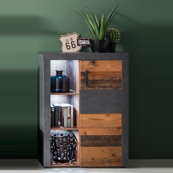 Read more about Saige storage cabinet in old wood and graphite grey with led
