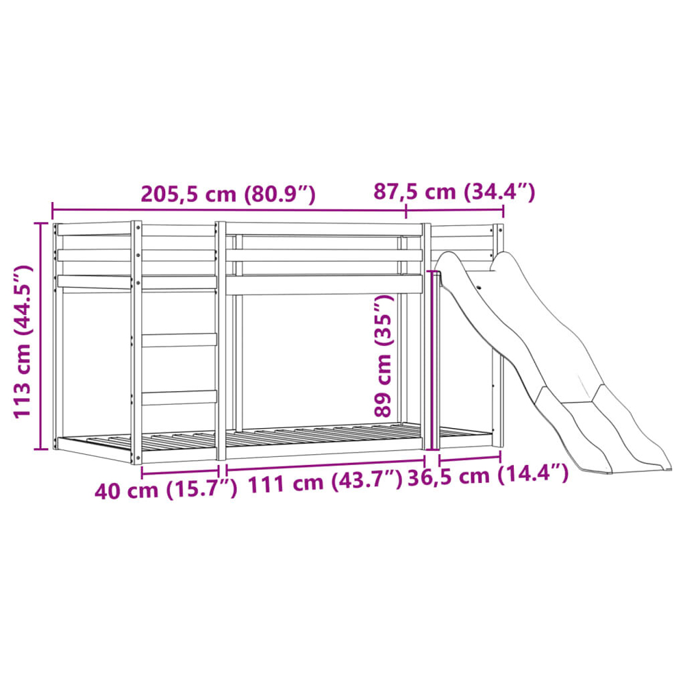 Funner 80x200cm Oak Wooden Kids Bunk Bed With Slide - White And Black