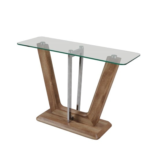 Photo of Furio console table in clear glass with chrome and wooden base