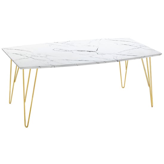 Photo of Fuzion rectangular marble coffee table with gold legs in white