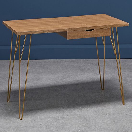 Read more about Fuzion rectangular wooden laptop desk with gold legs in oak