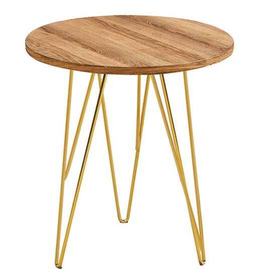 Read more about Fuzion round wooden lamp table with gold legs in oak