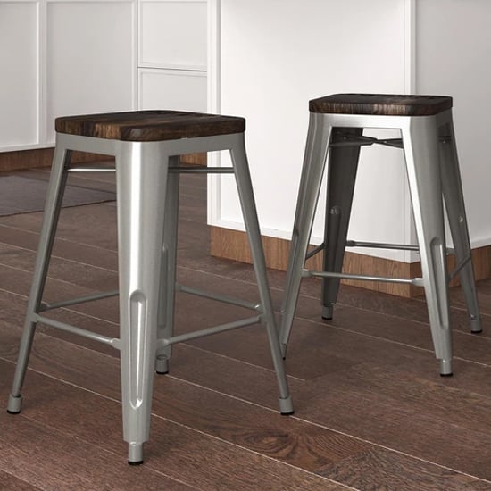 Photo of Fuzion wooden counter stools with silver metal frame in pair