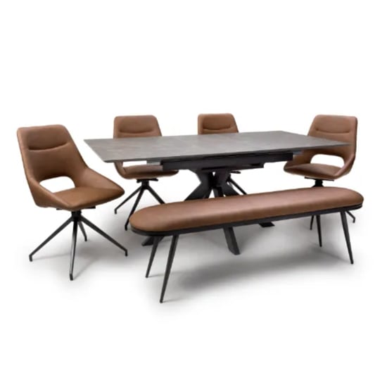 Photo of Gabri extending dining table with 4 aara tan chairs and bench