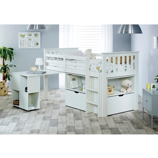 white mid sleeper bed with desk