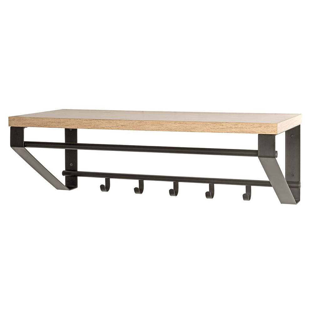 Gadsden Metal Wall Coat Rack With Oak Shelf In Black