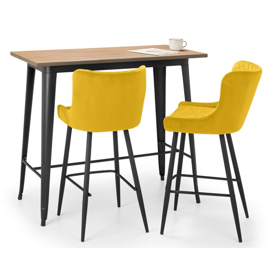 Gael Bar Table In Mocha Elm With 2 Lakia Mustard Stools