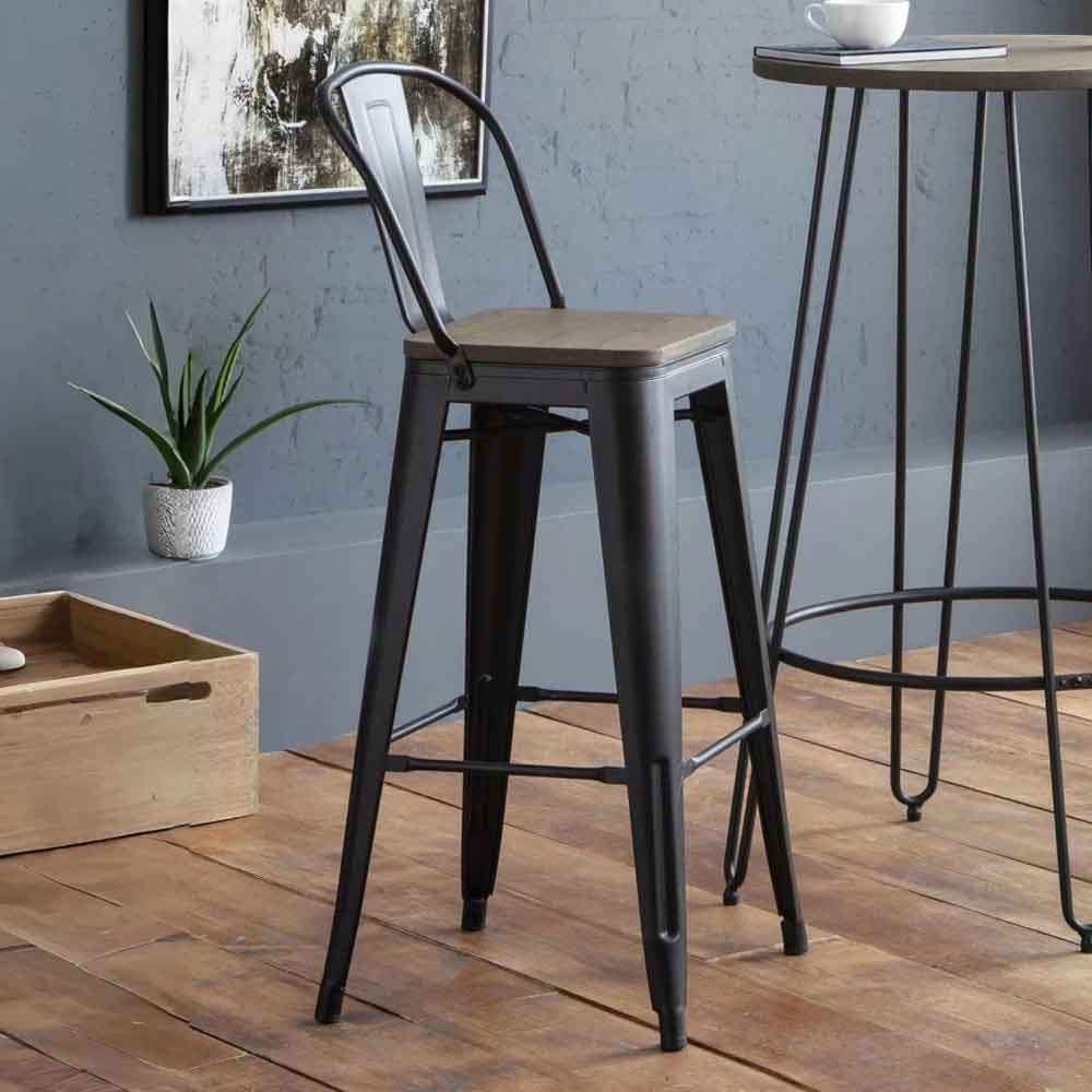 Gael Mocha Elm and Black Metal Bar Stools in Pair
