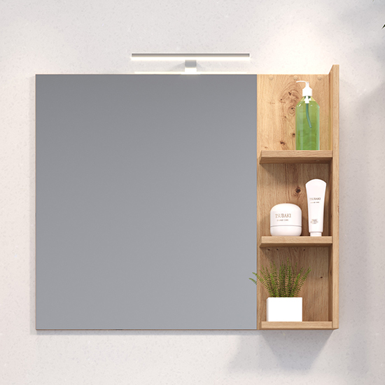 Gaep LED Bathroom Wall Mirror With Wooden Shelf In Artisan Oak