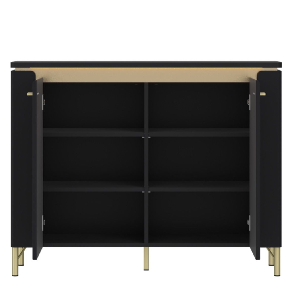 Gaffney LED Wooden Sideboard With 2 Doors In Matt Black And Gold