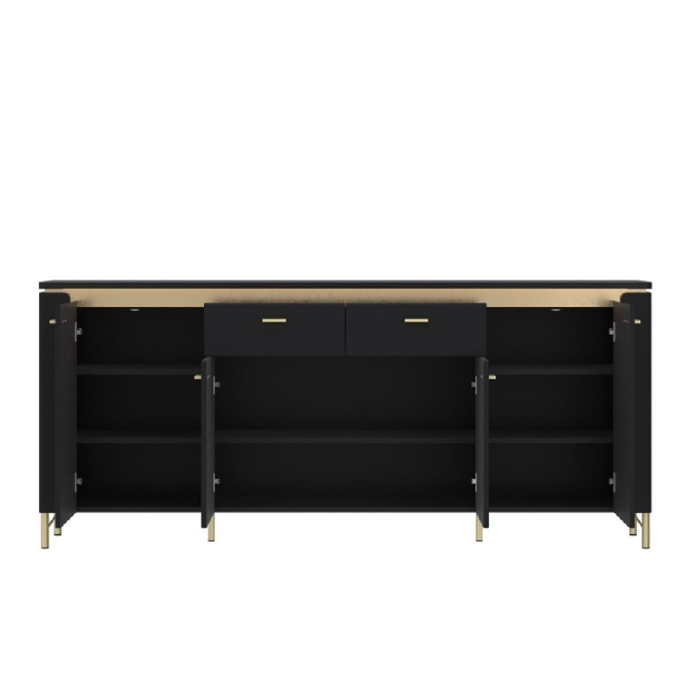 Gaffney LED Wooden Sideboard With 4 Doors In Matt Black And Gold