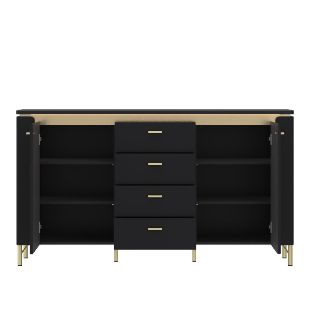 Gaffney LED Wooden Sideboard With 4 Drawers In Matt Black Gold