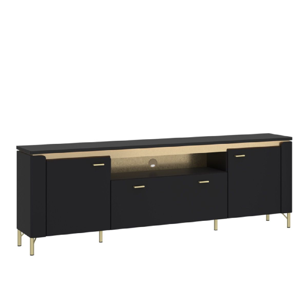 Gaffney Wooden TV Stand With 2 Doors In Matt Black Gold and LED