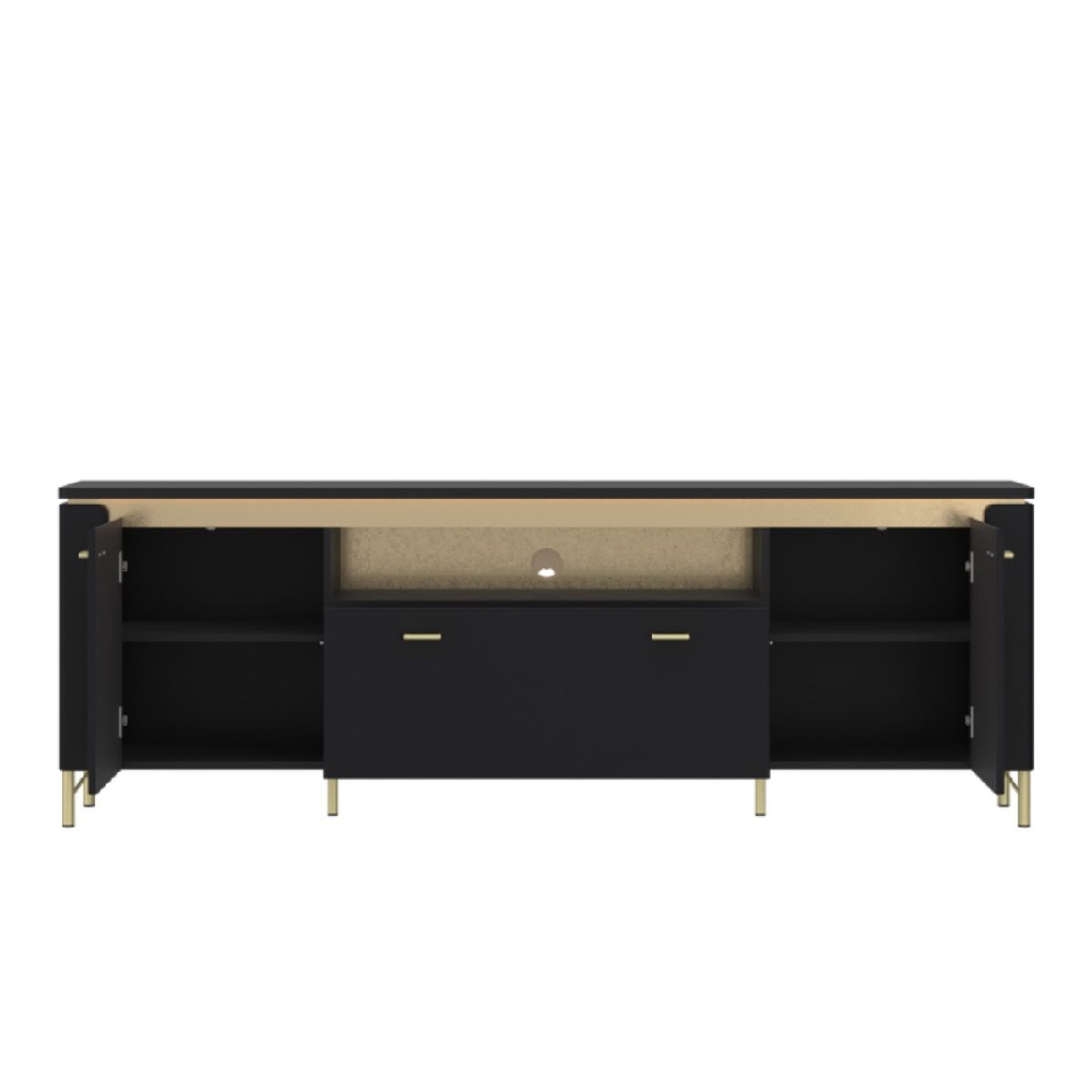 Gaffney Wooden TV Stand With 2 Doors In Matt Black Gold and LED