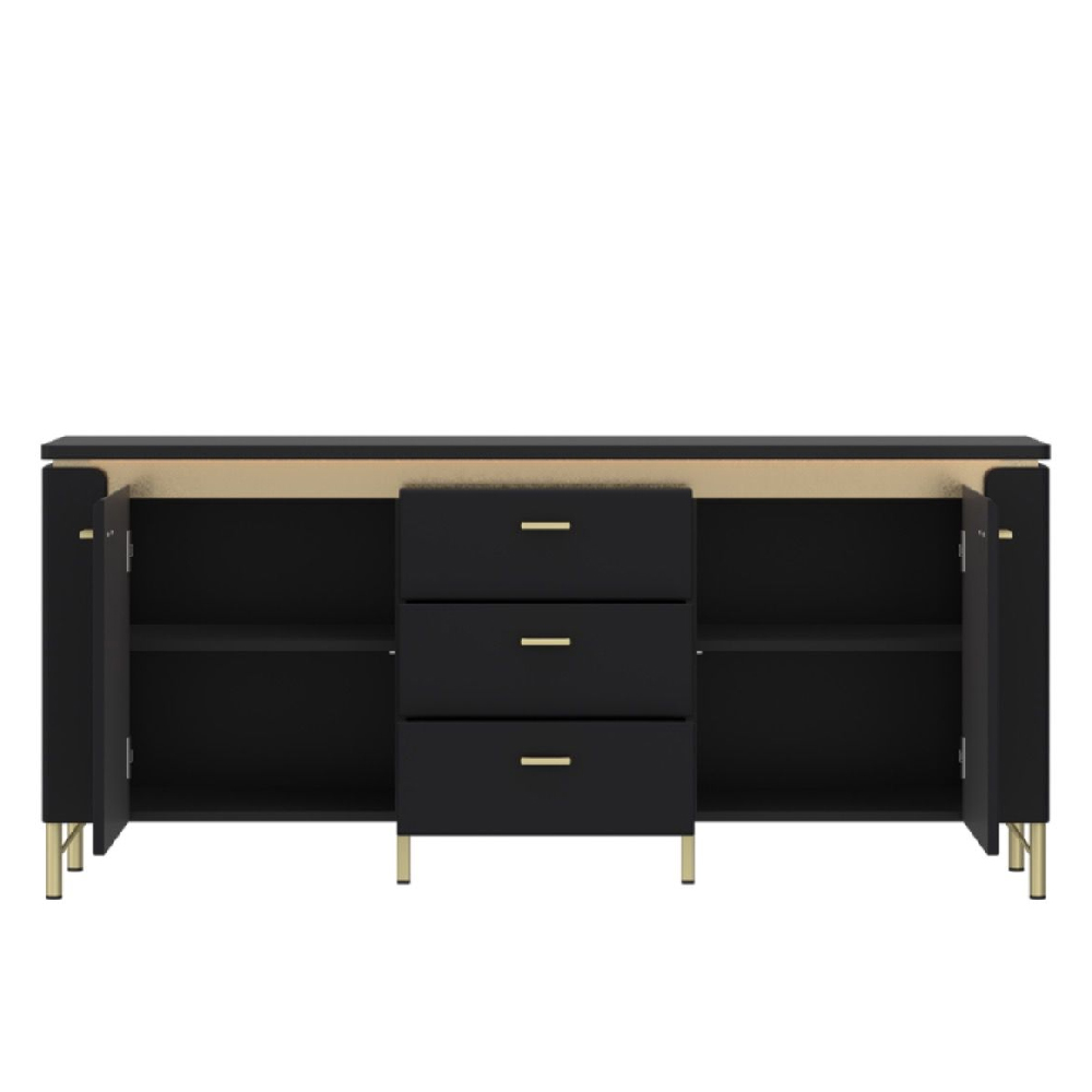 Gaffney LED Wooden TV Stand With 3 Drawers In Matt Black Gold