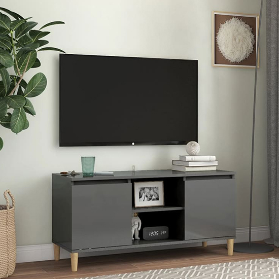 Read more about Gafna high gloss tv stand in grey with solid wood legs