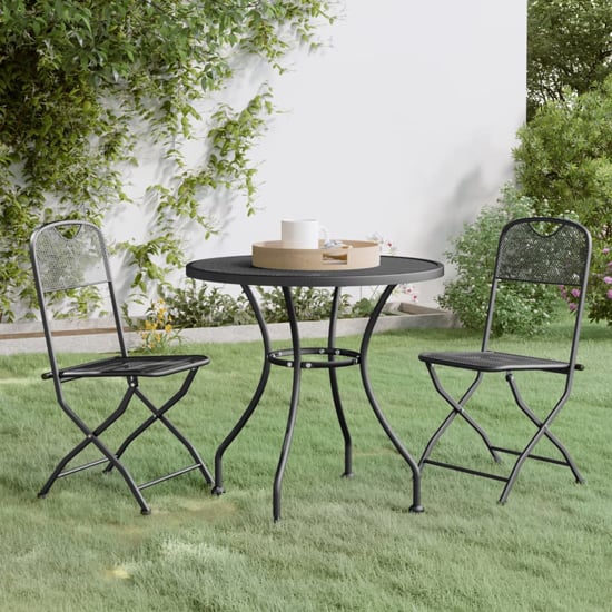 Product photograph of Galax Large Round Metal Mesh 3 Piece Dining Set In Anthracite from Furniture in Fashion