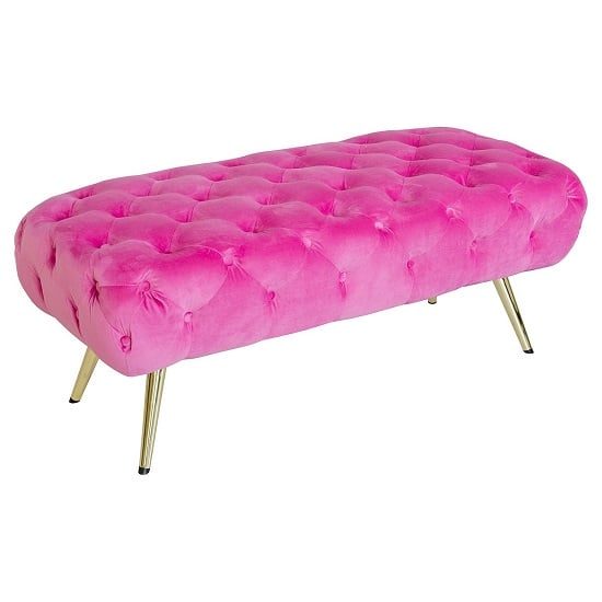 Photo of Galen fabric dining bench in pink with gold metal legs