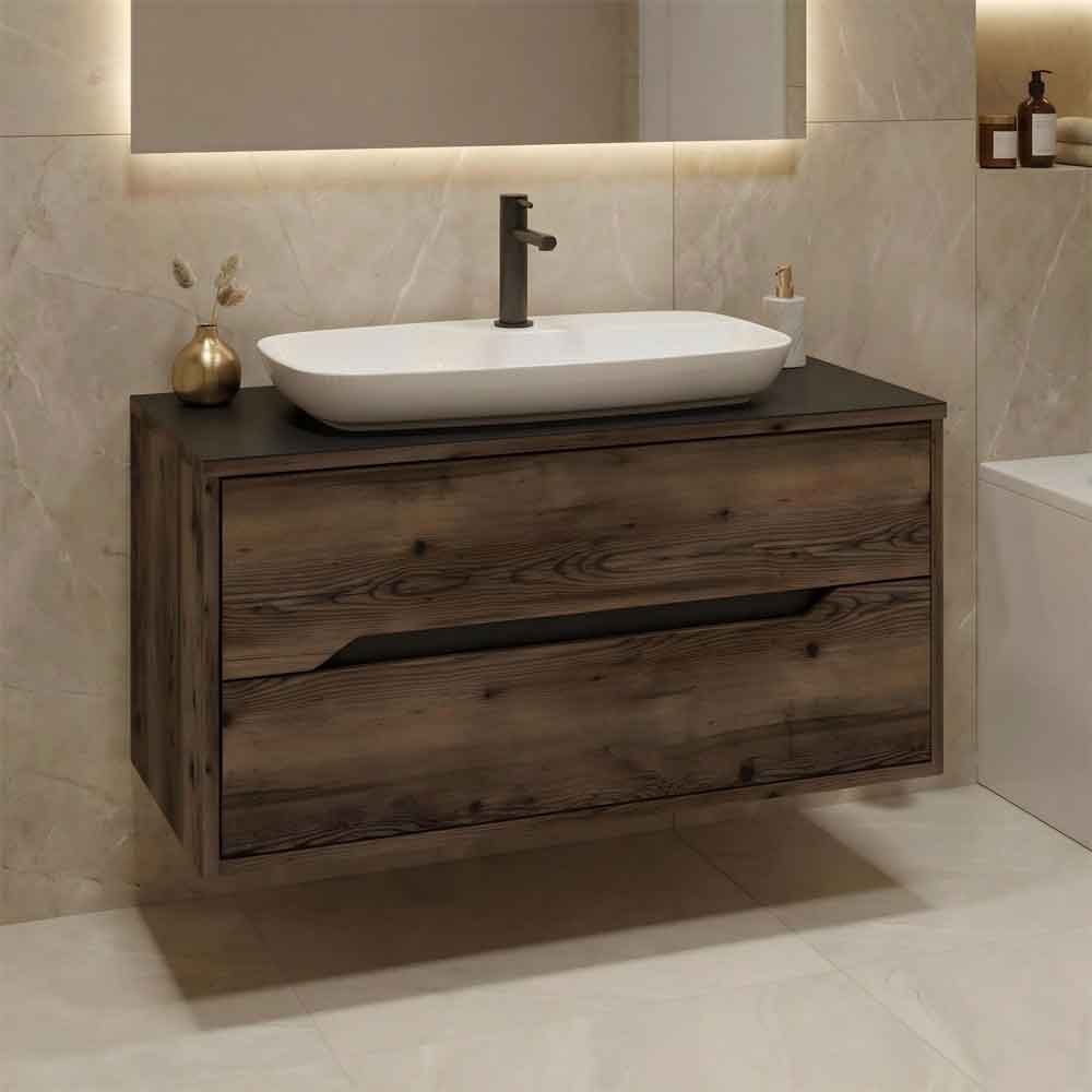 Galia 1000mm Wooden Wall Mounted Vanity Unit & Basin with 2 Drawers in Dark Walnut