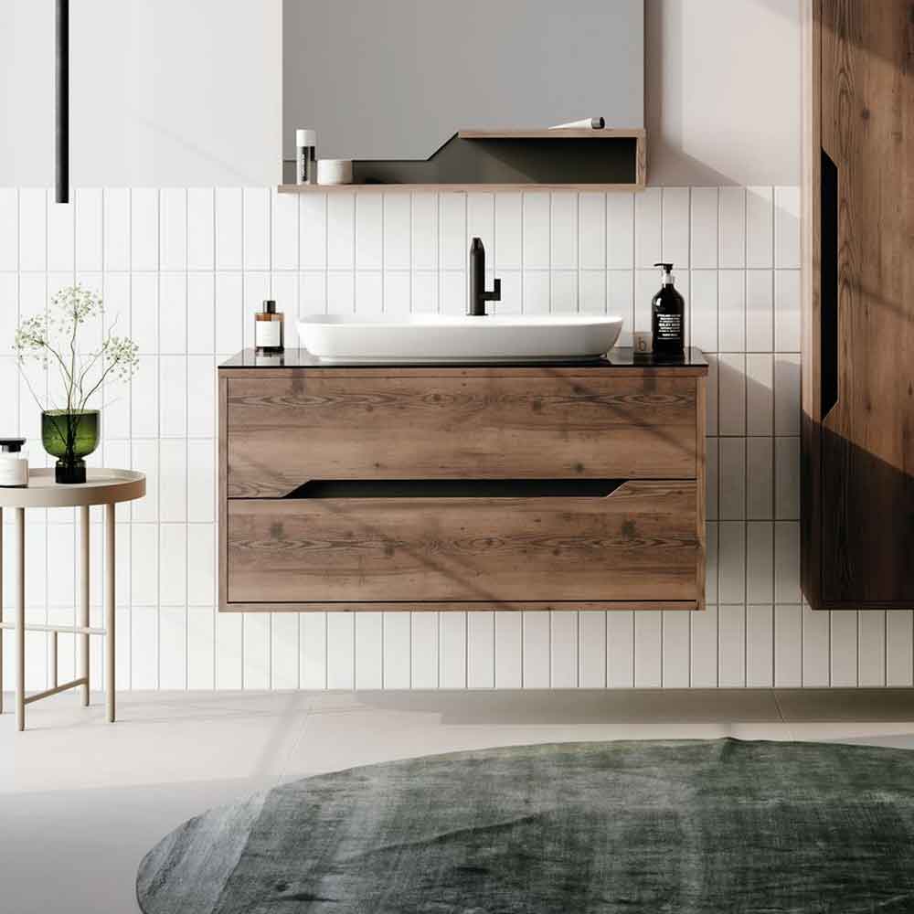 Galia 1000mm Wooden Wall Mounted Vanity Unit & Basin with 2 Drawers in Dark Walnut
