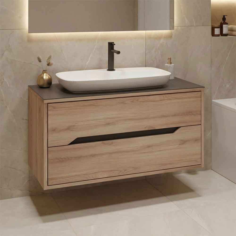 Galia 1000mm Wooden Wall Mounted Vanity Unit & Basin with 2 Drawers in Oak