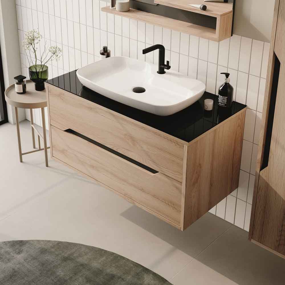 Galia 1000mm Wooden Wall Mounted Vanity Unit & Basin with 2 Drawers in Oak