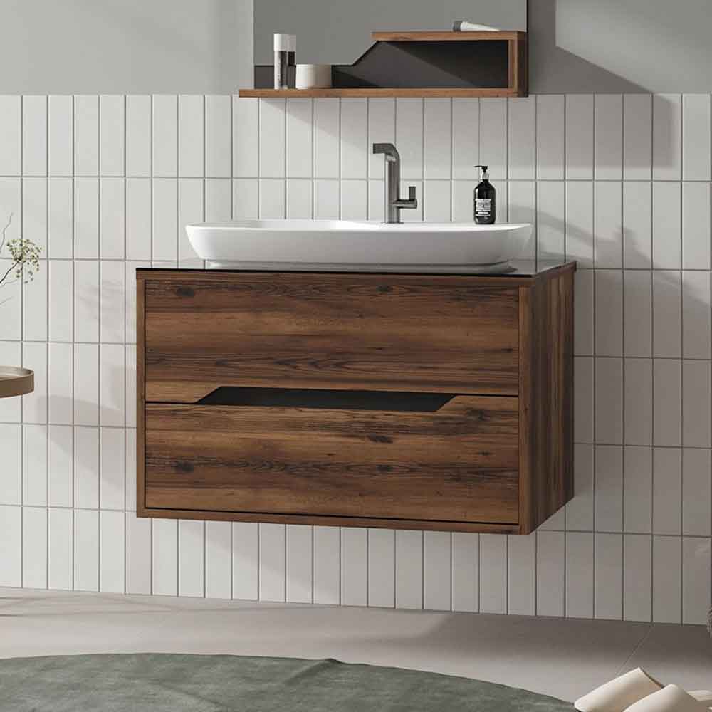 Galia 800mm Wooden Wall Mounted Vanity Unit & Basin with 2 Drawers in Dark Walnut