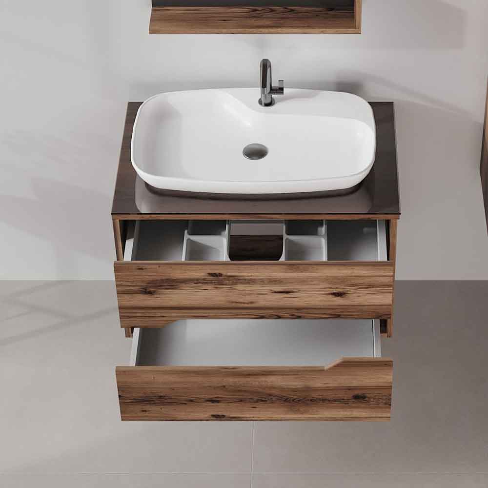 Galia 800mm Wooden Wall Mounted Vanity Unit & Basin with 2 Drawers in Dark Walnut