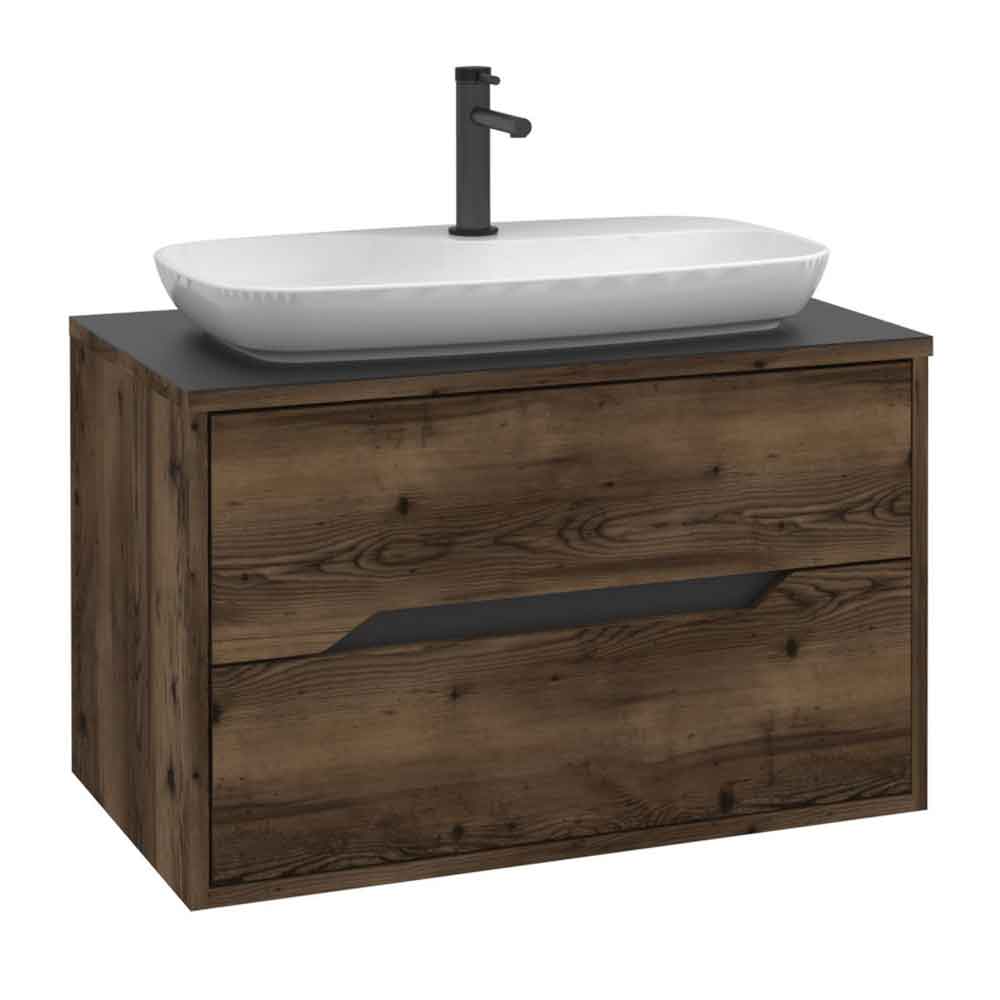 Galia 800mm Wooden Wall Mounted Vanity Unit & Basin with 2 Drawers in Dark Walnut