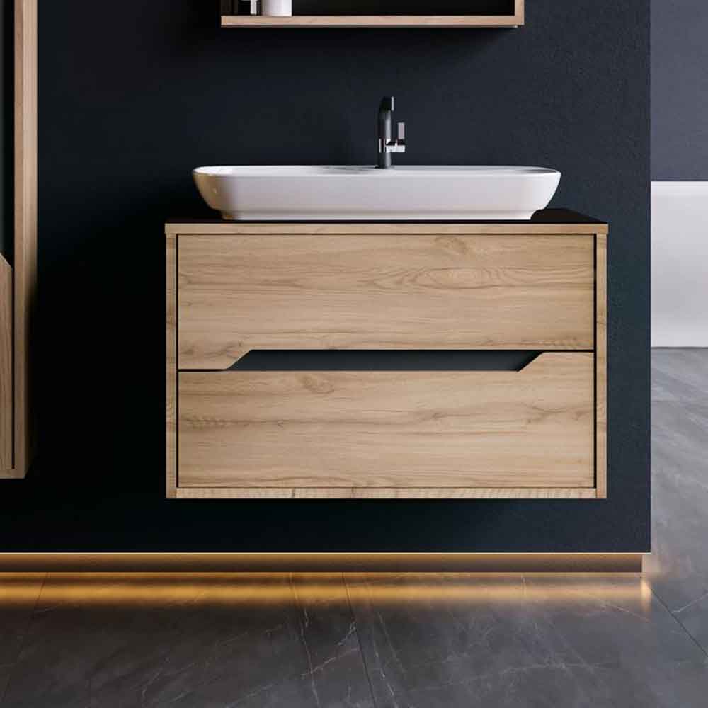 Galia 800mm Wooden Wall Mounted Vanity Unit & Basin with 2 Drawers in Oak