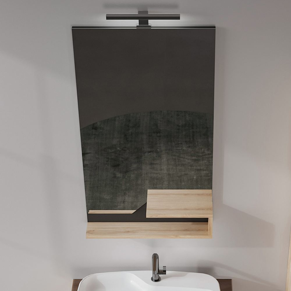 Galia Glass Bathroom Wall Mirror with Oak Wooden Frame and LED