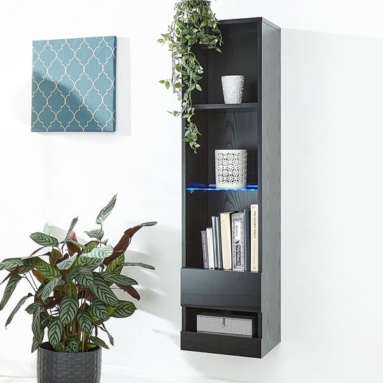 Goole LED Wall Mounted Tall Wooden Shelving Unit In Black Gloss