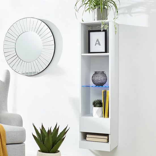 Photo of Goole led wall mounted tall wooden shelving unit in white gloss