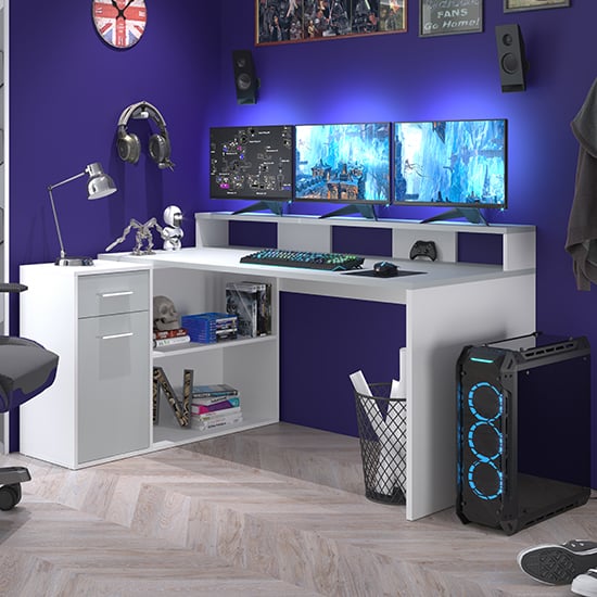 Gamer Wooden Computer Desk With Drawers In Light Grey And White