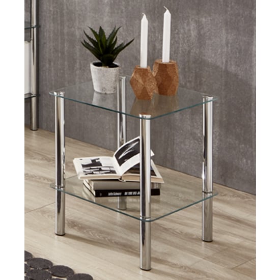 Photo of Ganado square clear glass side table with chrome legs