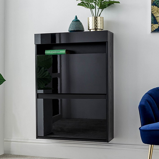 Product photograph of Garve Led High Gloss Floating Shoe Storage Cabinet In Black from Furniture in Fashion