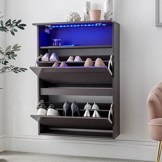 Garve LED High Gloss Floating Shoe Storage Cabinet In Grey_2