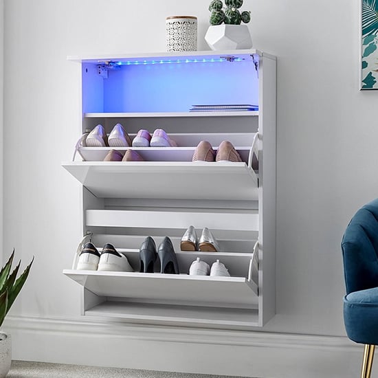 Garve LED High Gloss Floating Shoe Storage Cabinet In White_2
