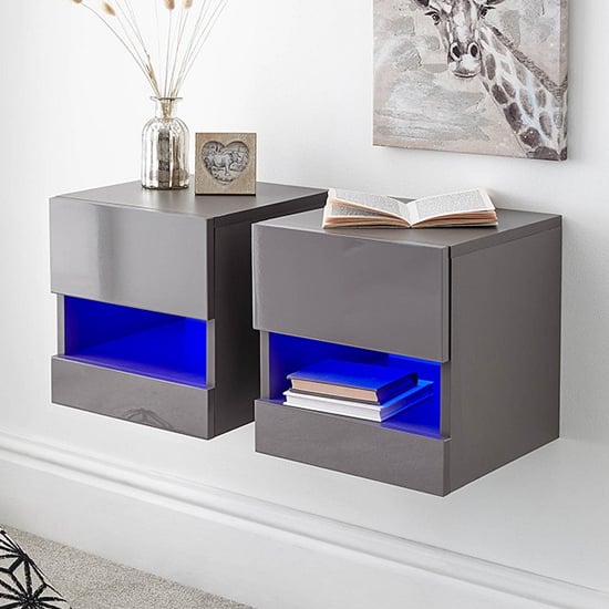 Product photograph of Garve Led Grey High Gloss Floating Bedside Cabinets In Pair from Furniture in Fashion