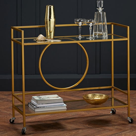 Gaspe Rectangular Glass Shelves Drinks Trolley With Gold Frame_1