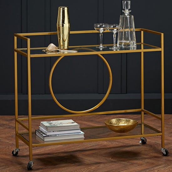 Read more about Gaspe rectangular glass shelves drinks trolley with gold frame