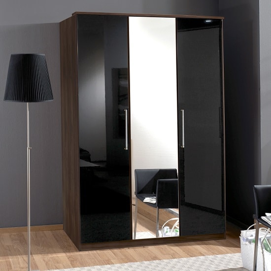 Gastineau Mirrored Wardrobe In Columbia Walnut Black With 3 Doors