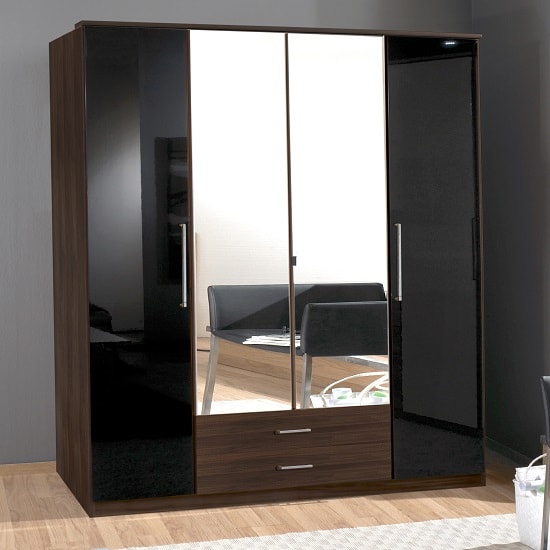 Gastineau Large Mirrored Wardrobe In Columbia Walnut And Black