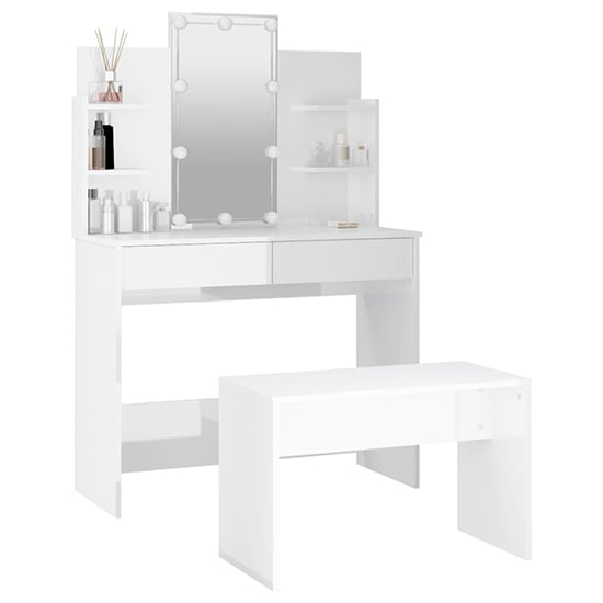 Gatik High Gloss Dressing Table Set In White With LED Lights_4