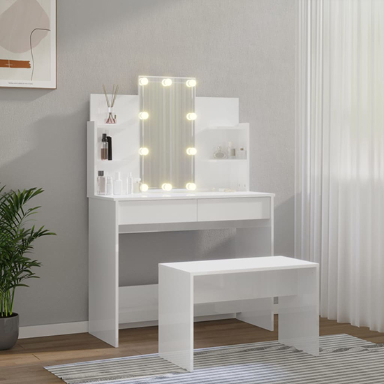 Gatik High Gloss Dressing Table Set In White With LED Lights_1