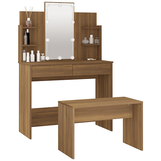 Gatik Wooden Dressing Table Set In Brown Oak With LED Lights_4