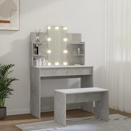 Gatik Wooden Dressing Table Set In Concrete Effect With LED